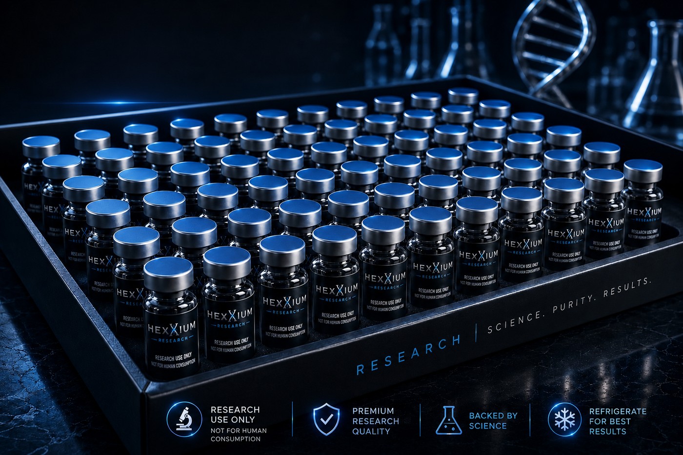 A tray of premium Hexxium Research vials — silver caps, black glass, brand-labeled, organized in a cGMP-grade case.